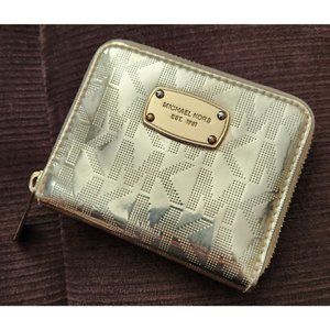 Michael Kors Signature Zip Around Mini Bifold Wallet in Mirrored Gold Good Used